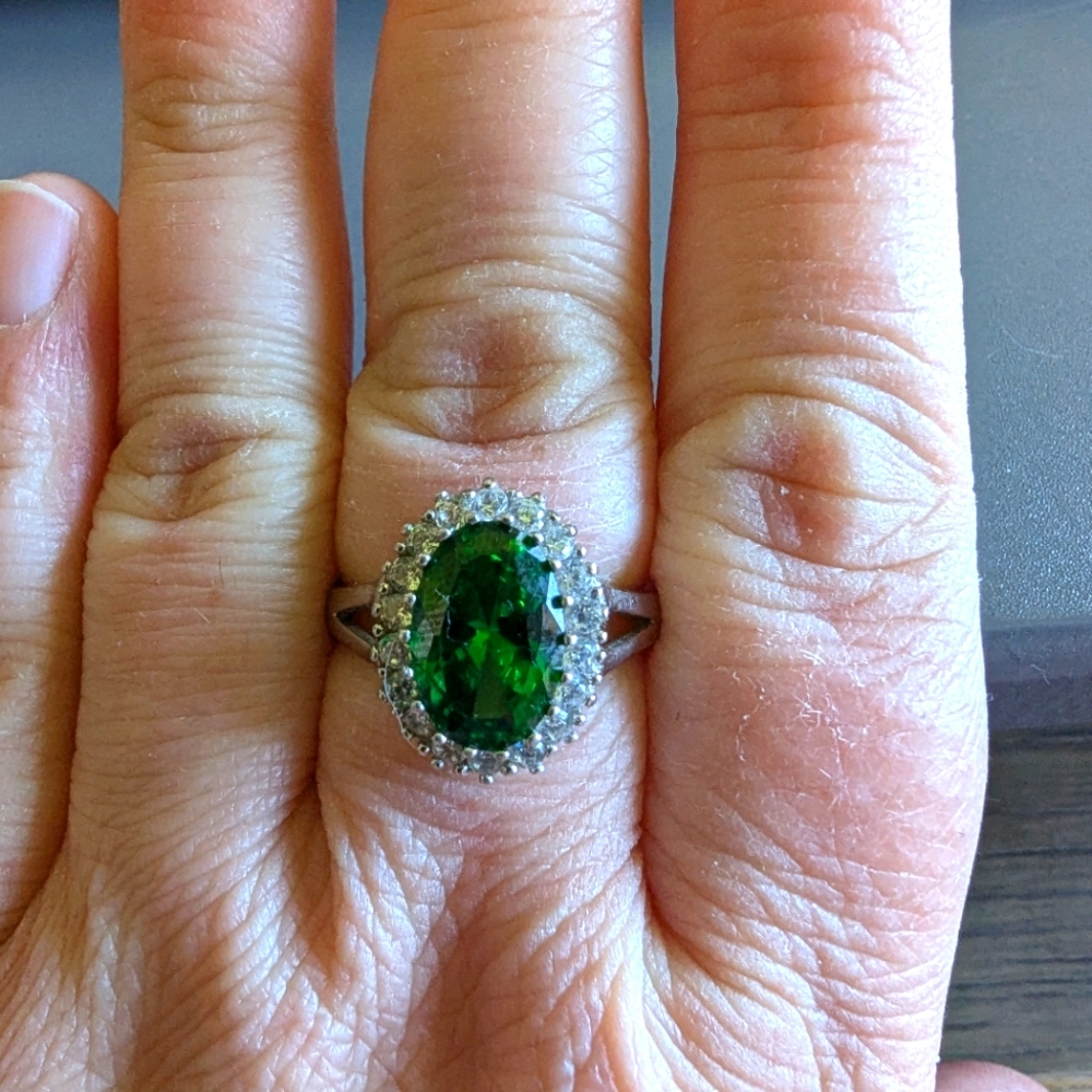 Sterling Silver Ring With Green Stone And CZ